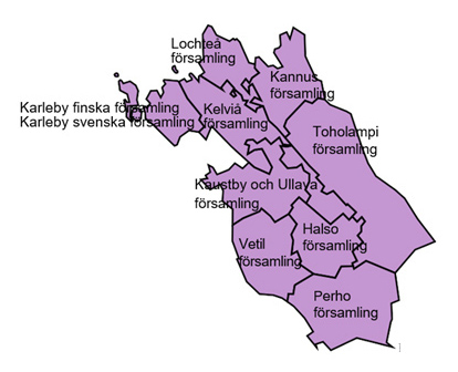 En karta av församlingarna fom hörs till Karleby regioncentralregister.